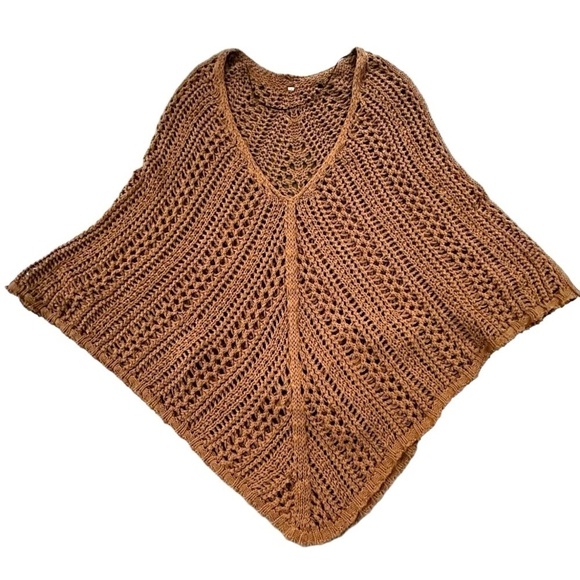 Brown Boho Crochet Knit Poncho w Belt - Picture 2 of 7